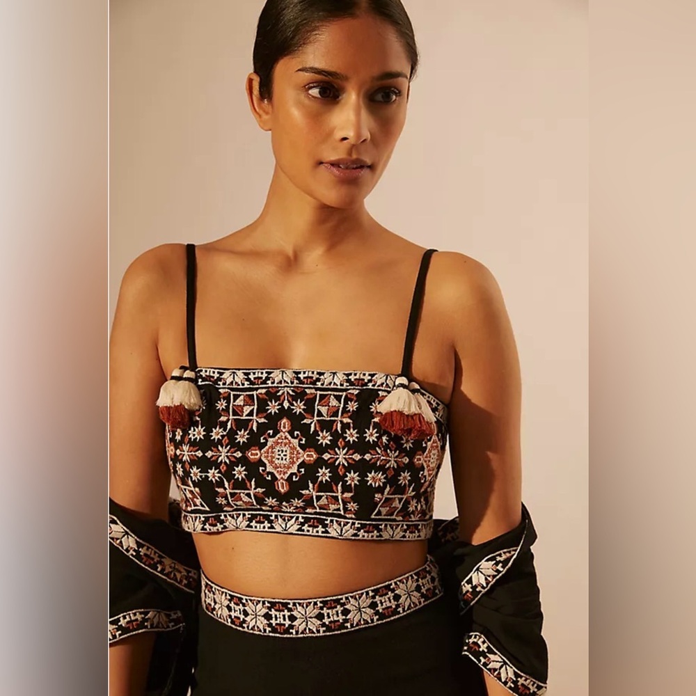 Anthropologie Black Crop Top with Rust & White Embroidery
